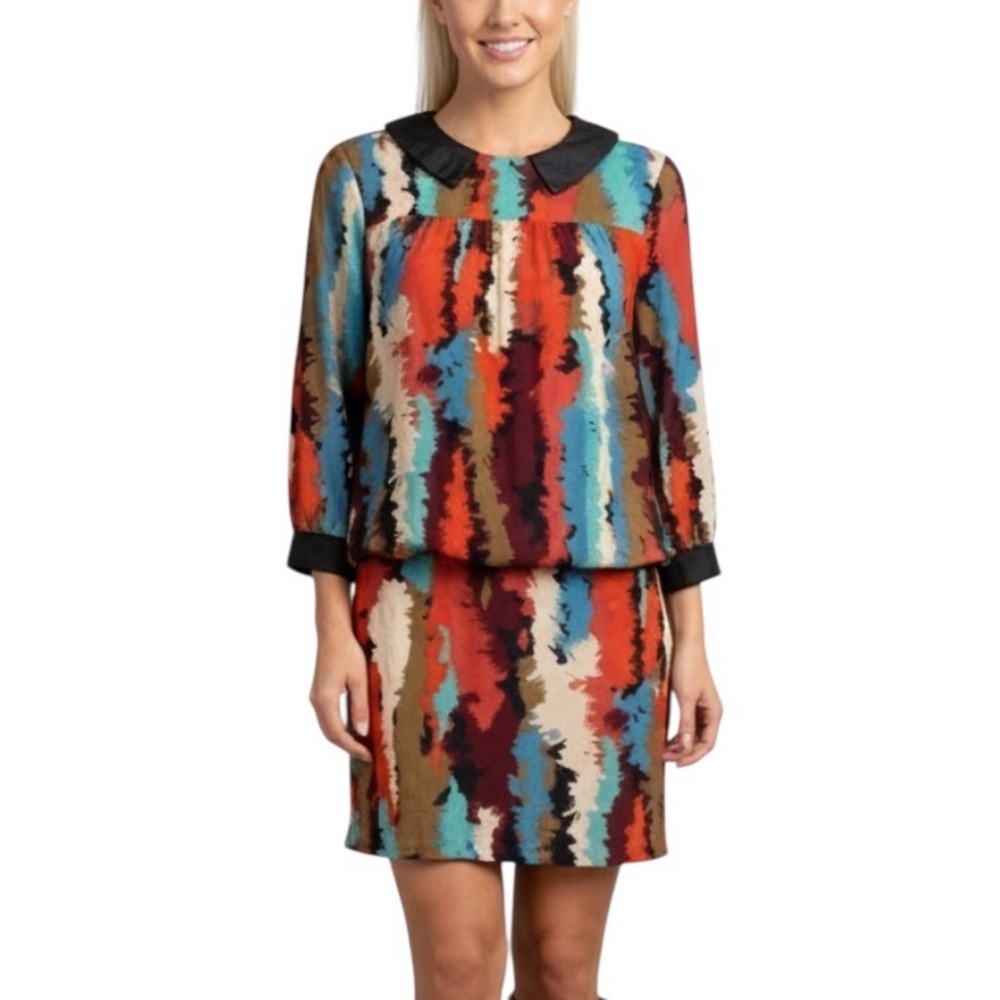 Walker Baker Leather Trim Retro Watercolor Drop Waist Mini Dress Size Medium